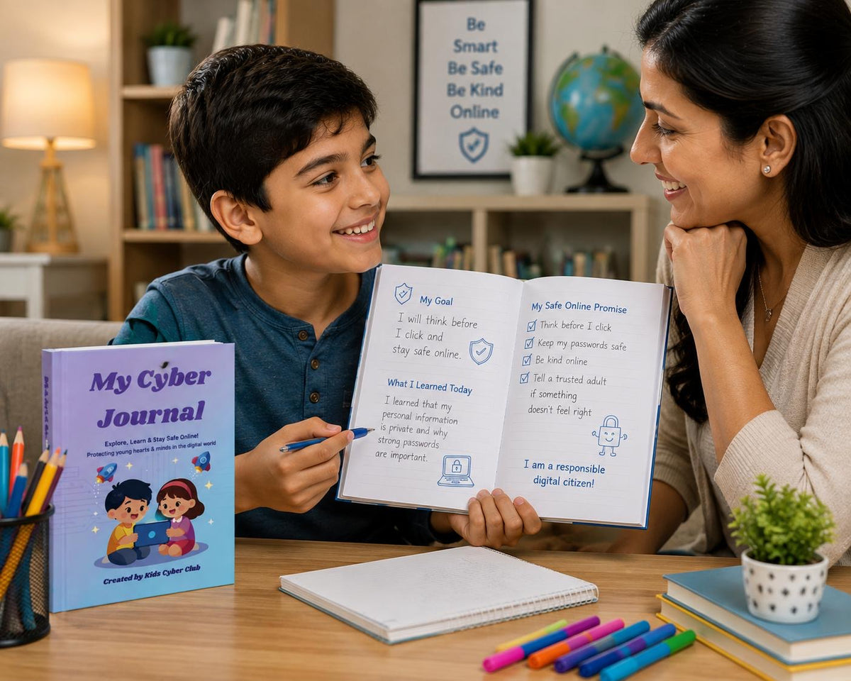 Child reading My Cyber Journal, a digital safety journal for families
