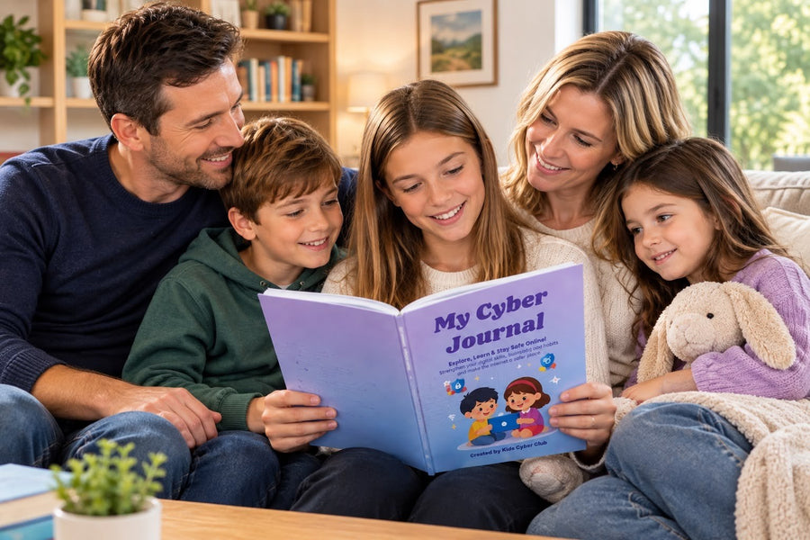 A family reading My Cyber Journal together — online safety for kids at home