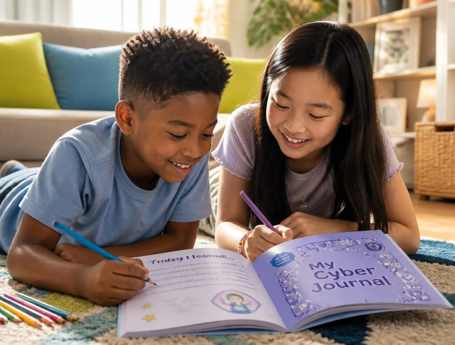 Two children using the My Cyber Journal together at home